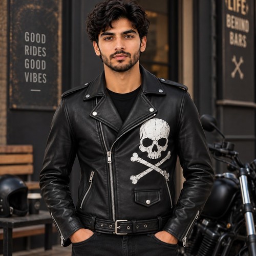 Men sheepskin leather biker - sheepskin,